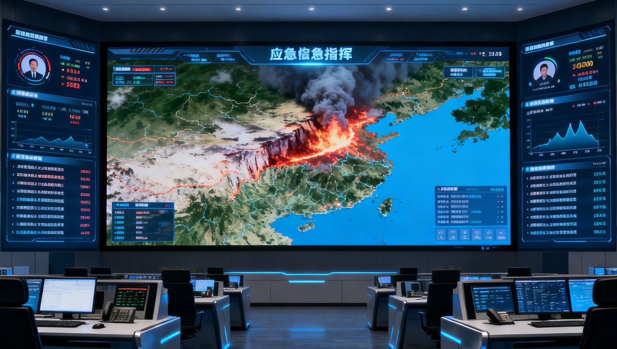 应急指挥中心大厅全景，中央大型LED屏幕显示灾害监测地图，两侧辅助屏滚动展示实时数据与通讯状态