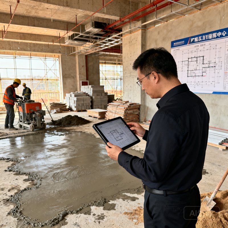 PT视讯平台高级项目经理王海峰，站在正在施工的指挥中心现场，手持平板电脑查看施工图纸