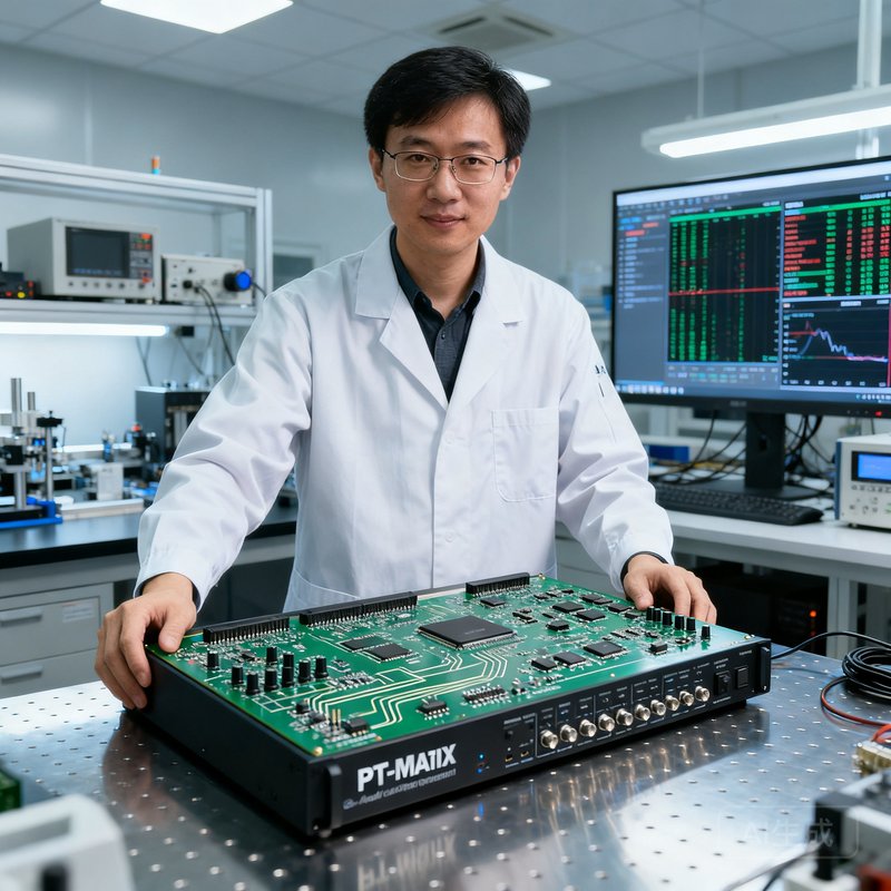 PT视讯平台研发主管陈思远，在实验室工作台前调试自主研发的PT-Matrix音频矩阵控制主板